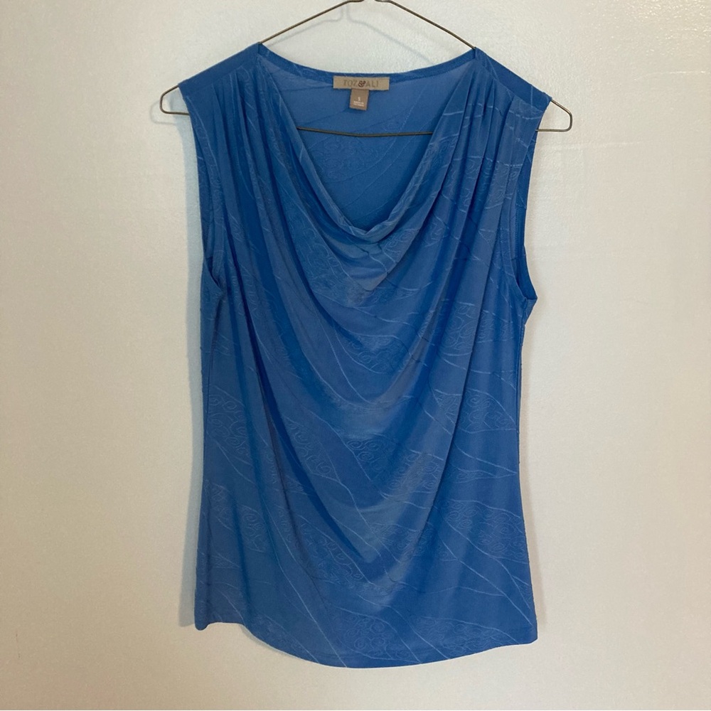 Drape Front Cowl Neck Embroidered Sleeveless Blouse, Small, Stretchy